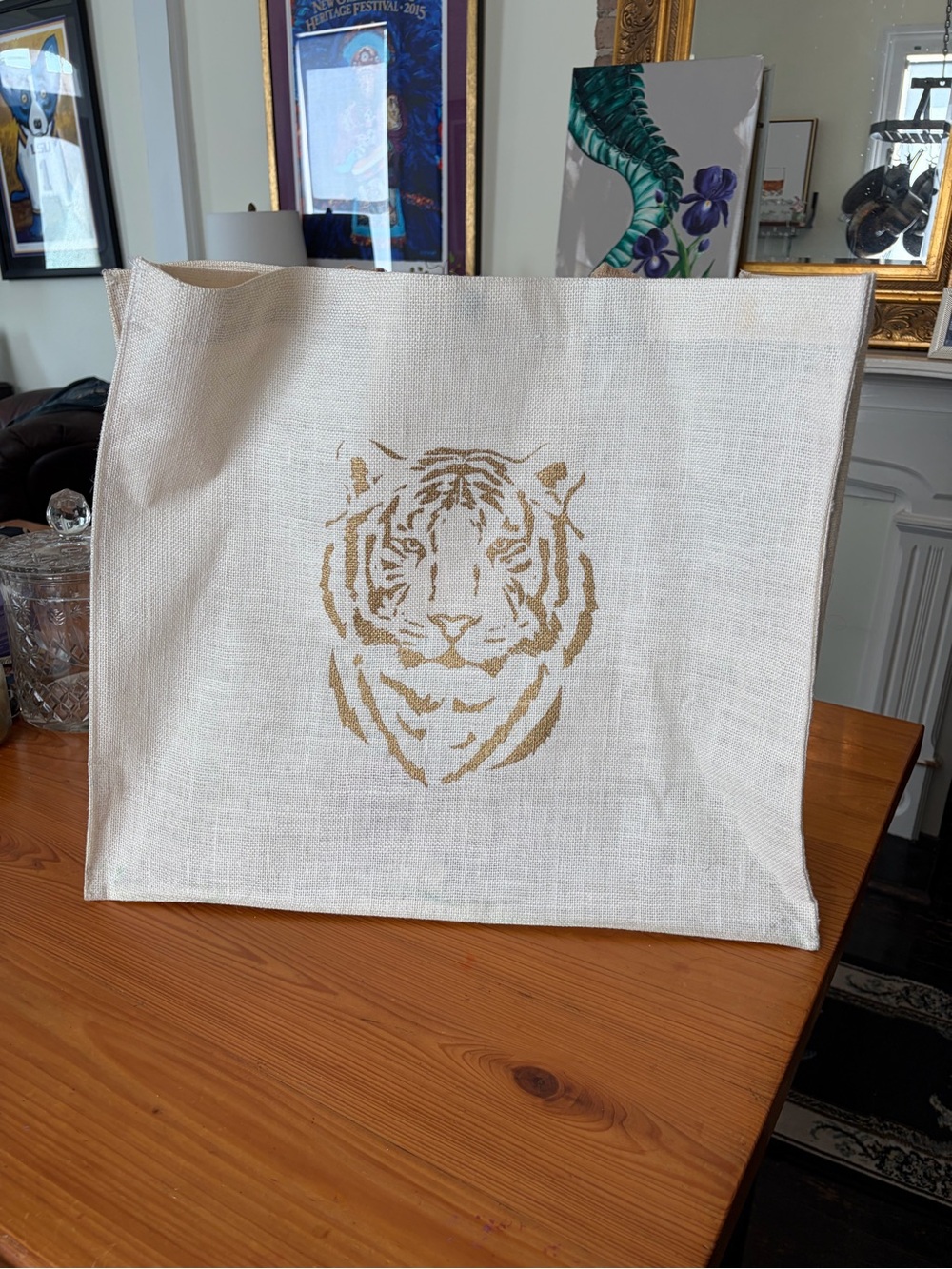 Canvas Tote Bag with Gold Tiger Motif